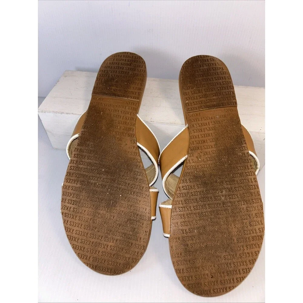 Women's Tkees Sloan Criss Cross Cognac Brown Leather slip on slide sandal sz 10